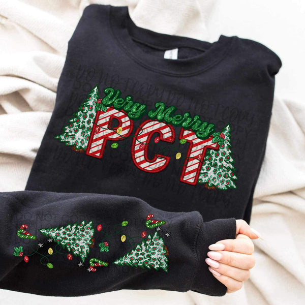 Very merry PCT (embroidered green and candy cane font with leopard trees) FRONT ONLY 15368 DTF Transfer