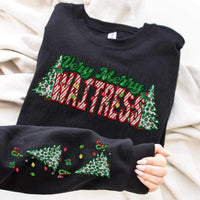 Very merry waitress   (embroidered green and candy cane font with leopard trees) FRONT ONLY 15367 DTF Transfer