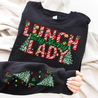 Very merry lunch lady   (embroidered green and candy cane font with leopard trees) FRONT ONLY 15366 DTF Transfer