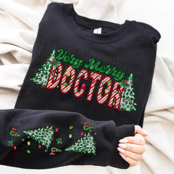 Very merry doctor   (embroidered green and candy cane font with leopard trees) FRONT ONLY 15365 DTF Transfer