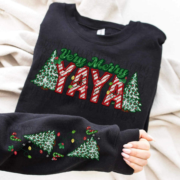 Very merry yaya (embroidered green and candy cane font with leopard trees) FRONT ONLY 15363 DTF Transfer