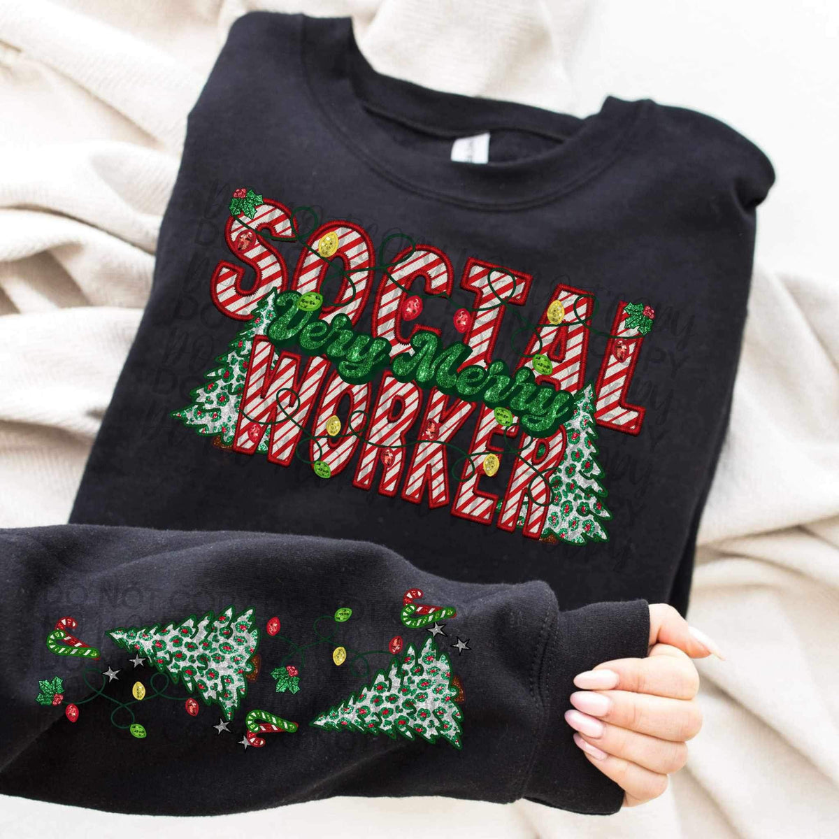 Very merry social worker (embroidered green and candy cane font with leopard trees) FRONT ONLY 15361 DTF Transfer