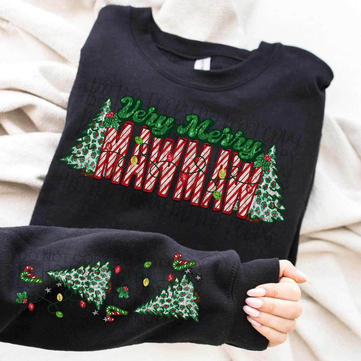 Very merry mawmaw (embroidered green and candy cane font with leopard trees) FRONT ONLY 15360 DTF Transfer