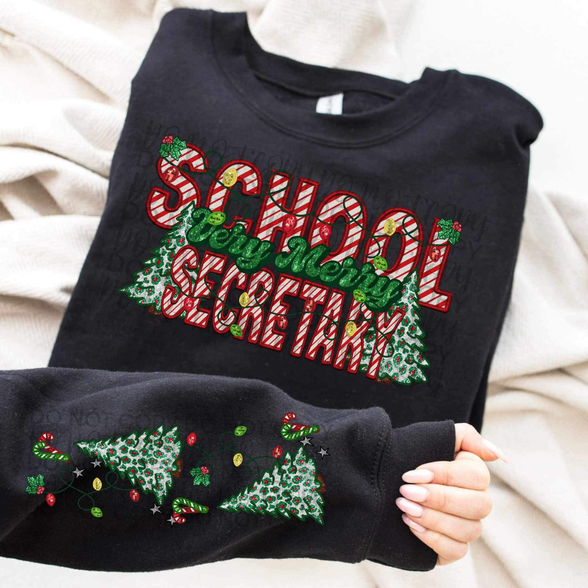 Very merry school secretary (embroidered green and candy cane font with leopard trees) FRONT ONLY 15359 DTF Transfer