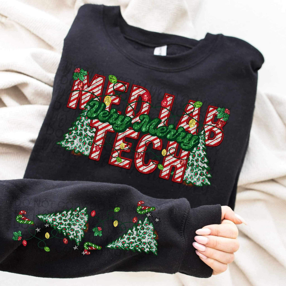 Very merry med lab tech (embroidered green and candy cane font with leopard trees) FRONT ONLY 15358 DTF Transfer