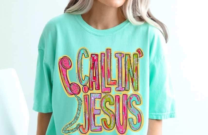 Calling jesus tie dye font 25405 DTF transfer