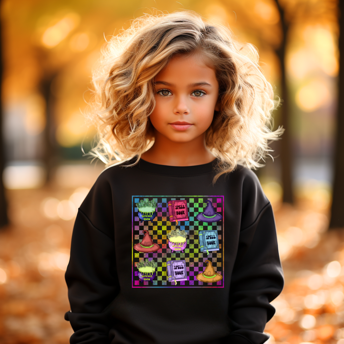 Spell book and pot collage CHECKERED BACKGROUND (LANE) 45147 DTF transfer