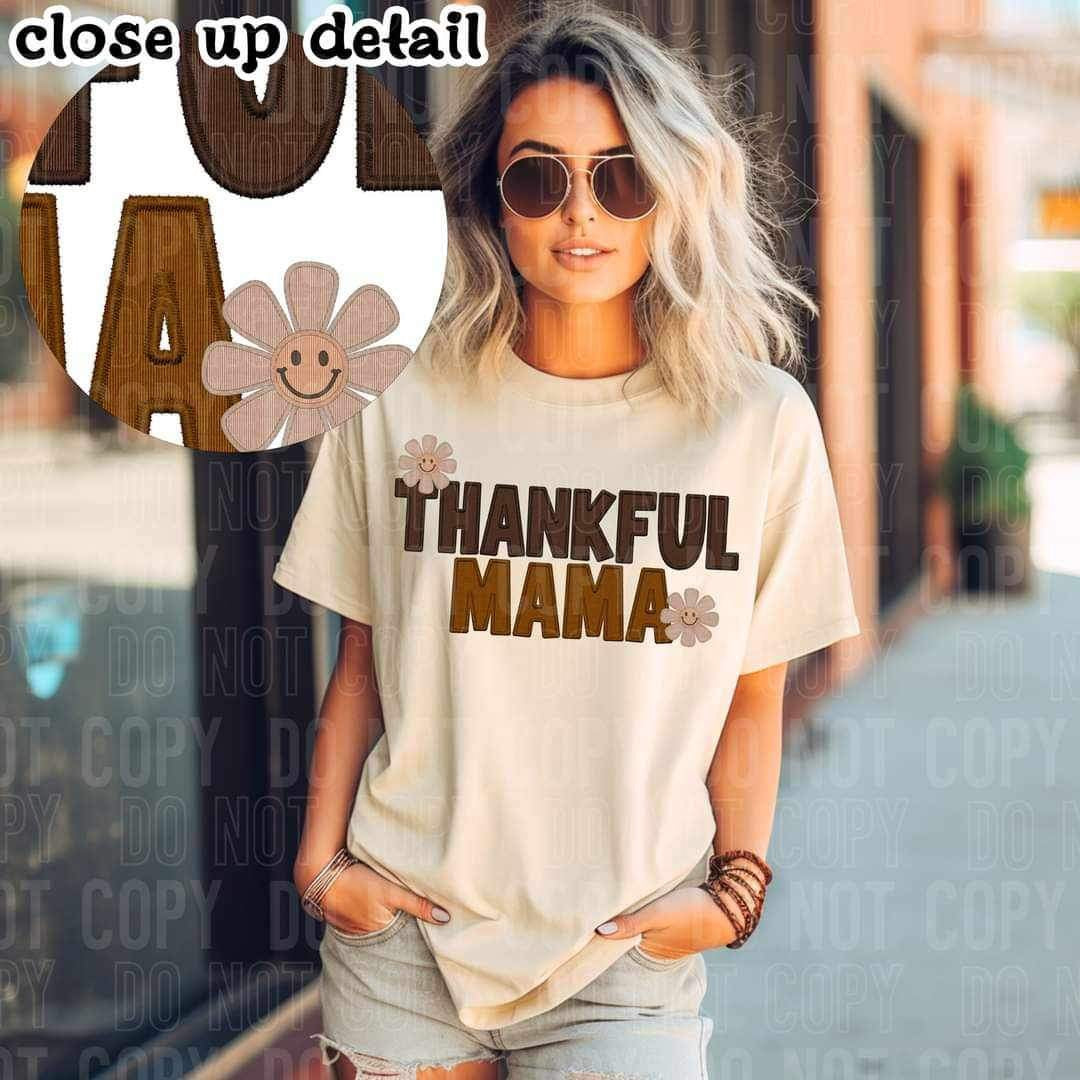 Thankful mama (embroidered brown font with flowers) 15420 DTF Transfer