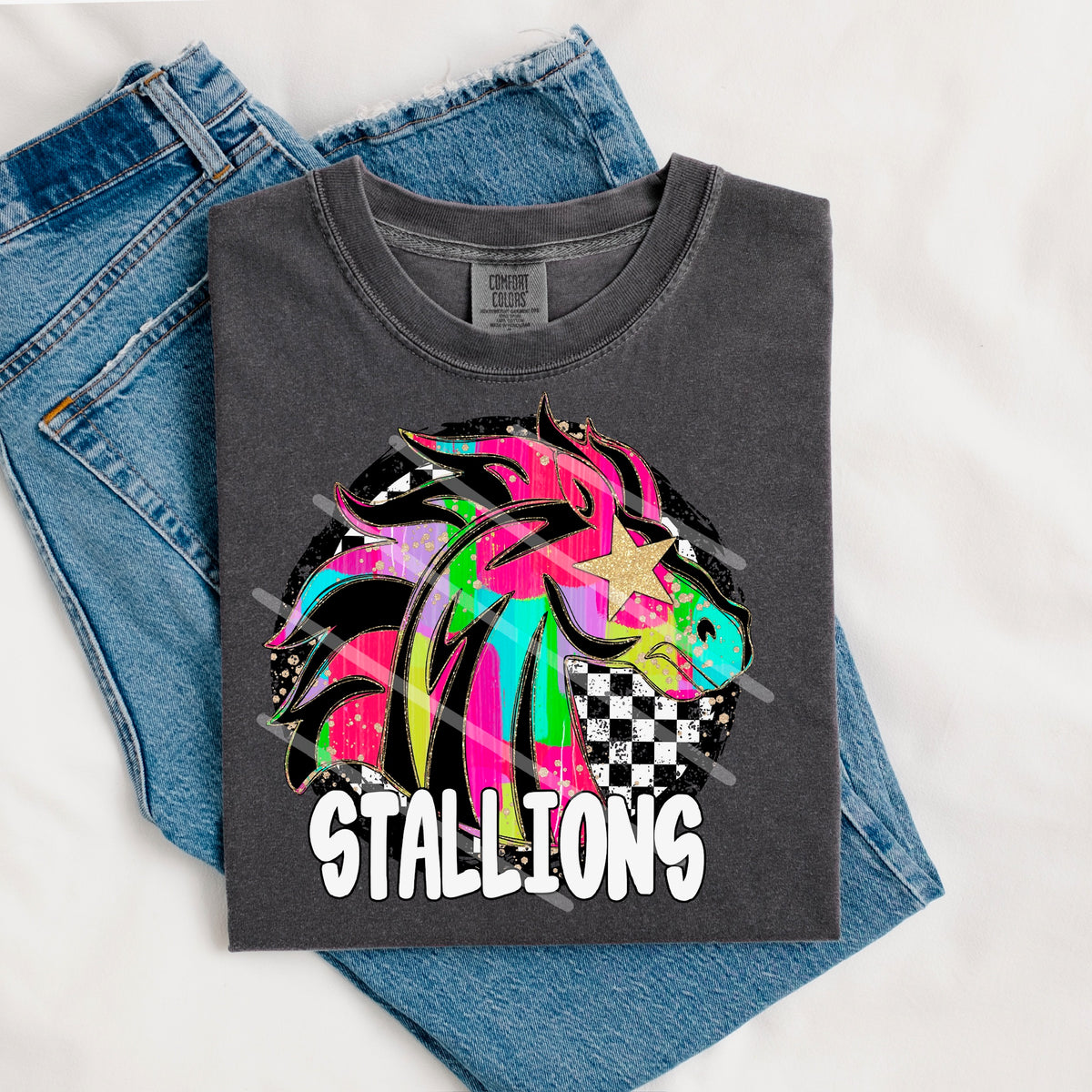 Stallions Mascot rainbow checker circle (county line) 111017 DTF transfer