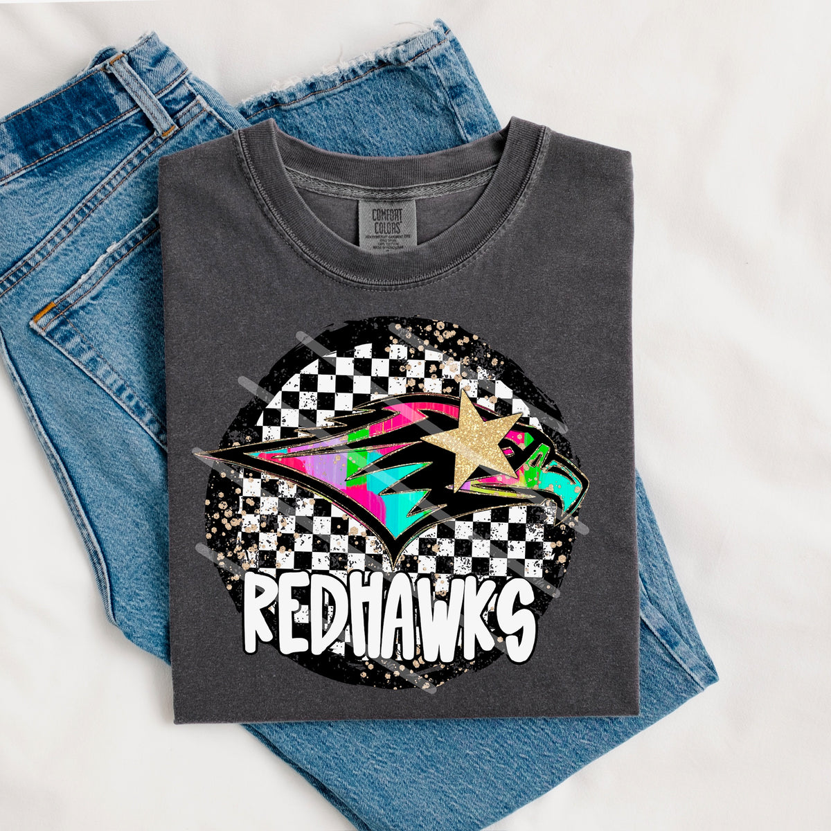 Red Hawks Mascot rainbow checker circle (county line) 111031 DTF transfer