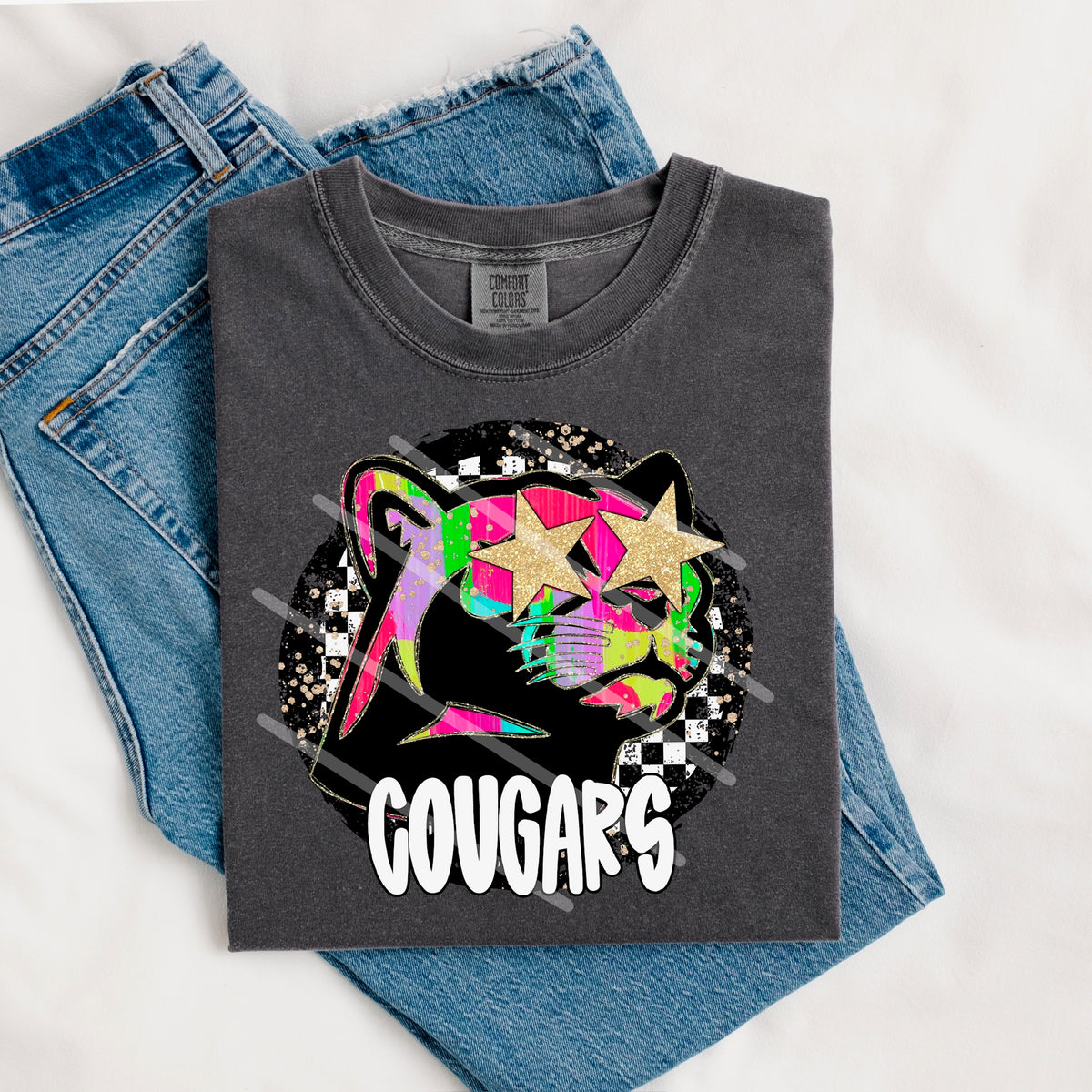 Cougars Mascot rainbow checker circle (county line) 111034 DTF transfer