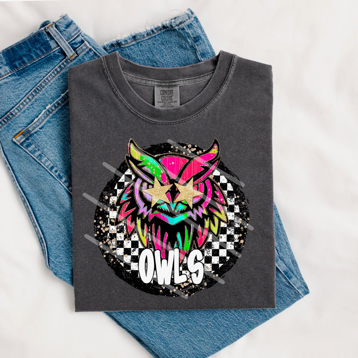 Owls Mascot rainbow checker circle (county line) 111030 DTF transfer