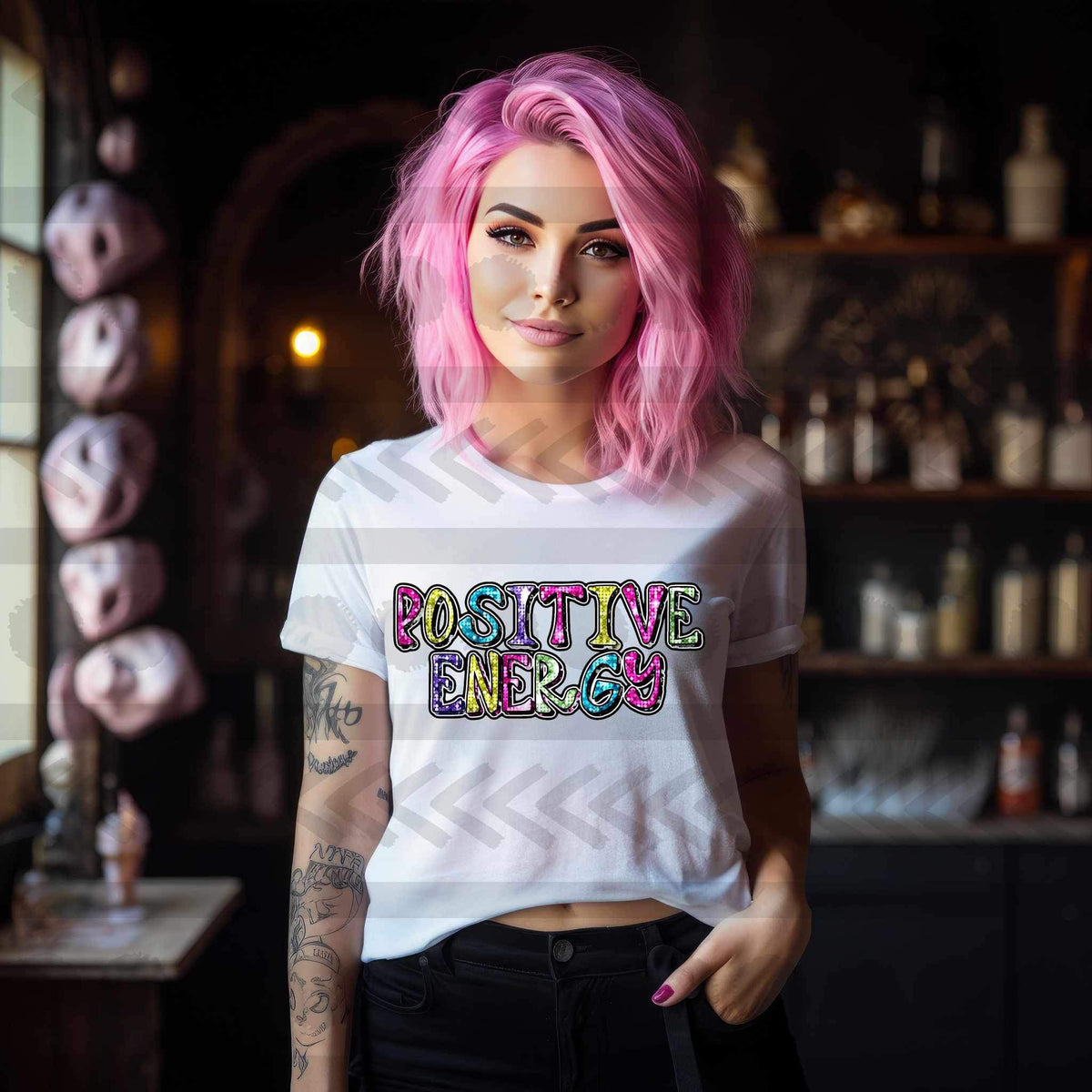 Positive energy (multi color sequin font) 15414 DTF Transfer