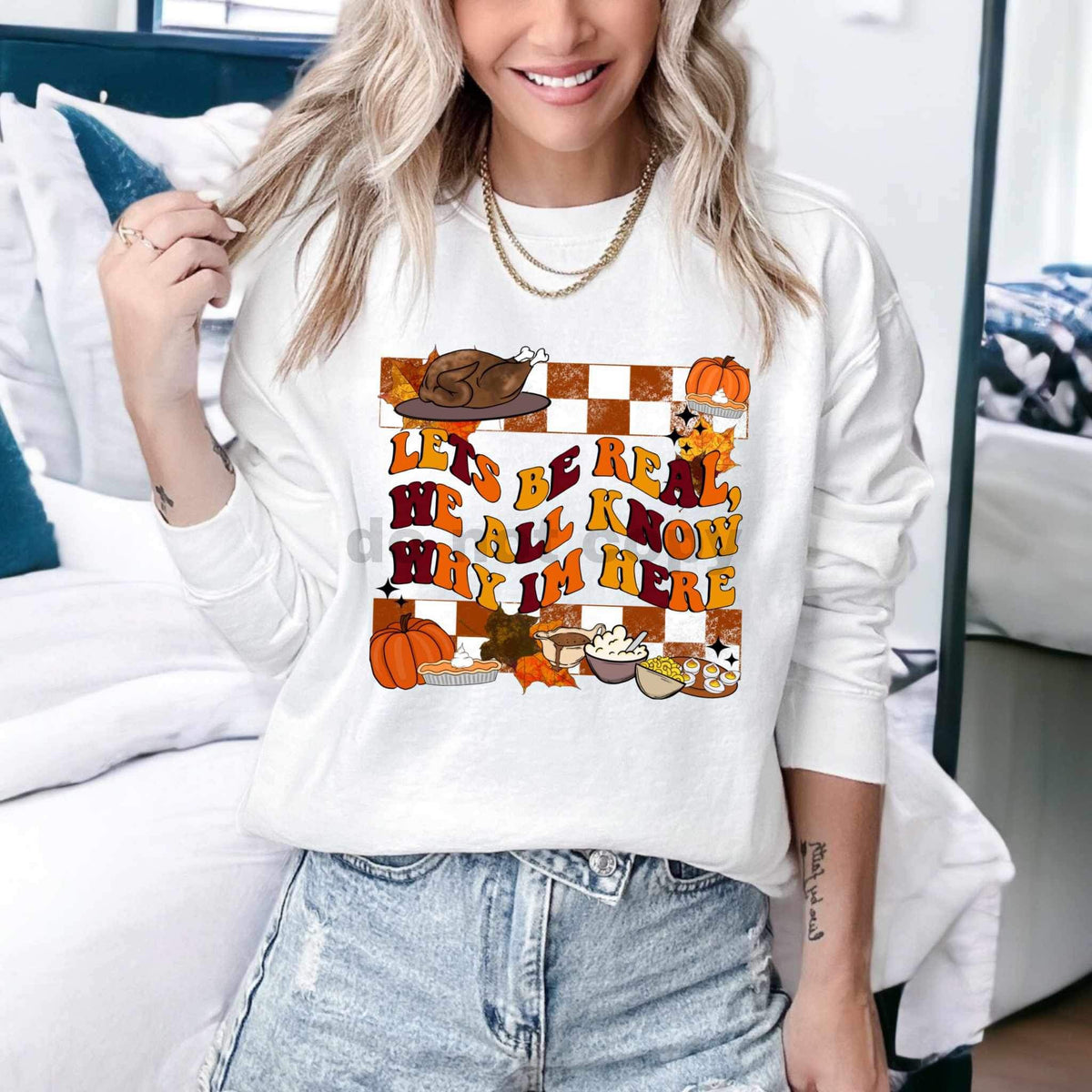 Let’s be real we all know why I’m here (checkered print with thanksgiving items) 15410 DTF Transfer