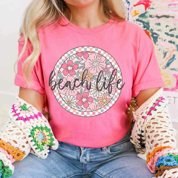 Beach life pink floral circle 25415 DTF transfer