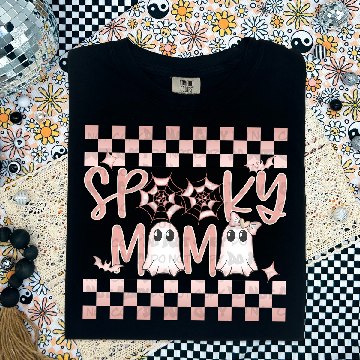 Spooky mama pink checkered with ghost (LANE) 45142 DTF transfer