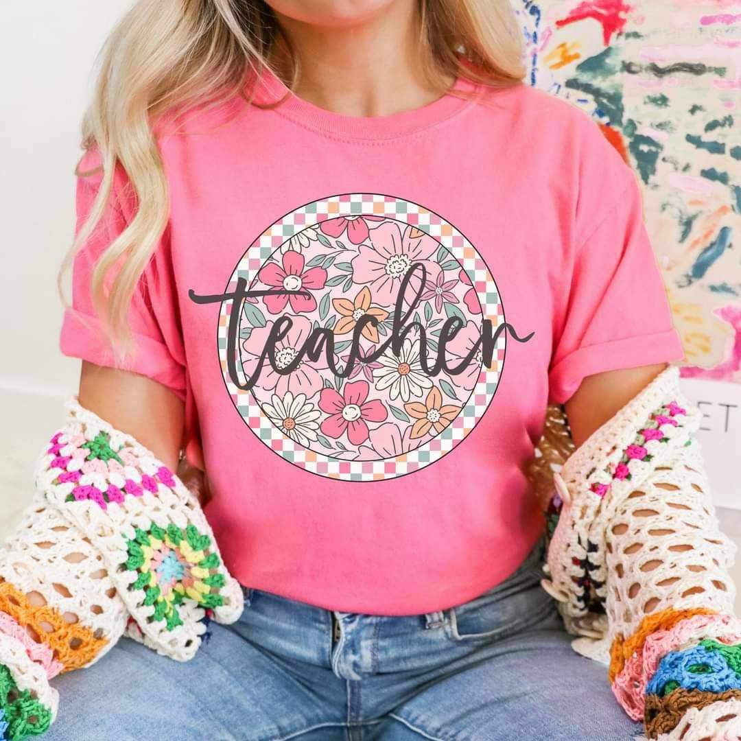 Teacher pink floral circle 25418 DTF transfer