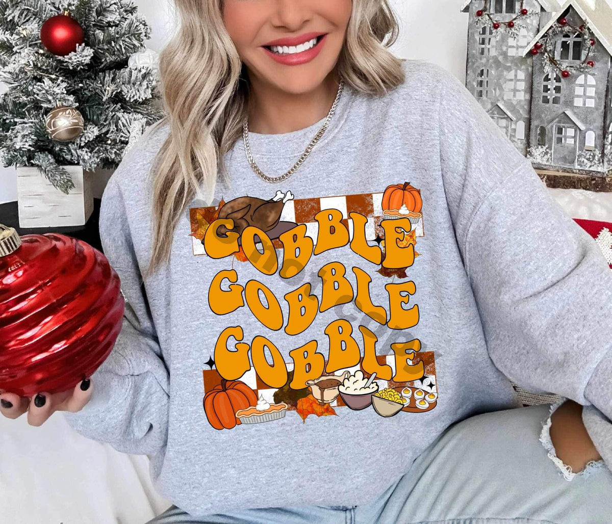 Gobble gobble gobble (checkered print with thanksgiving items) 15409 DTF Transfer