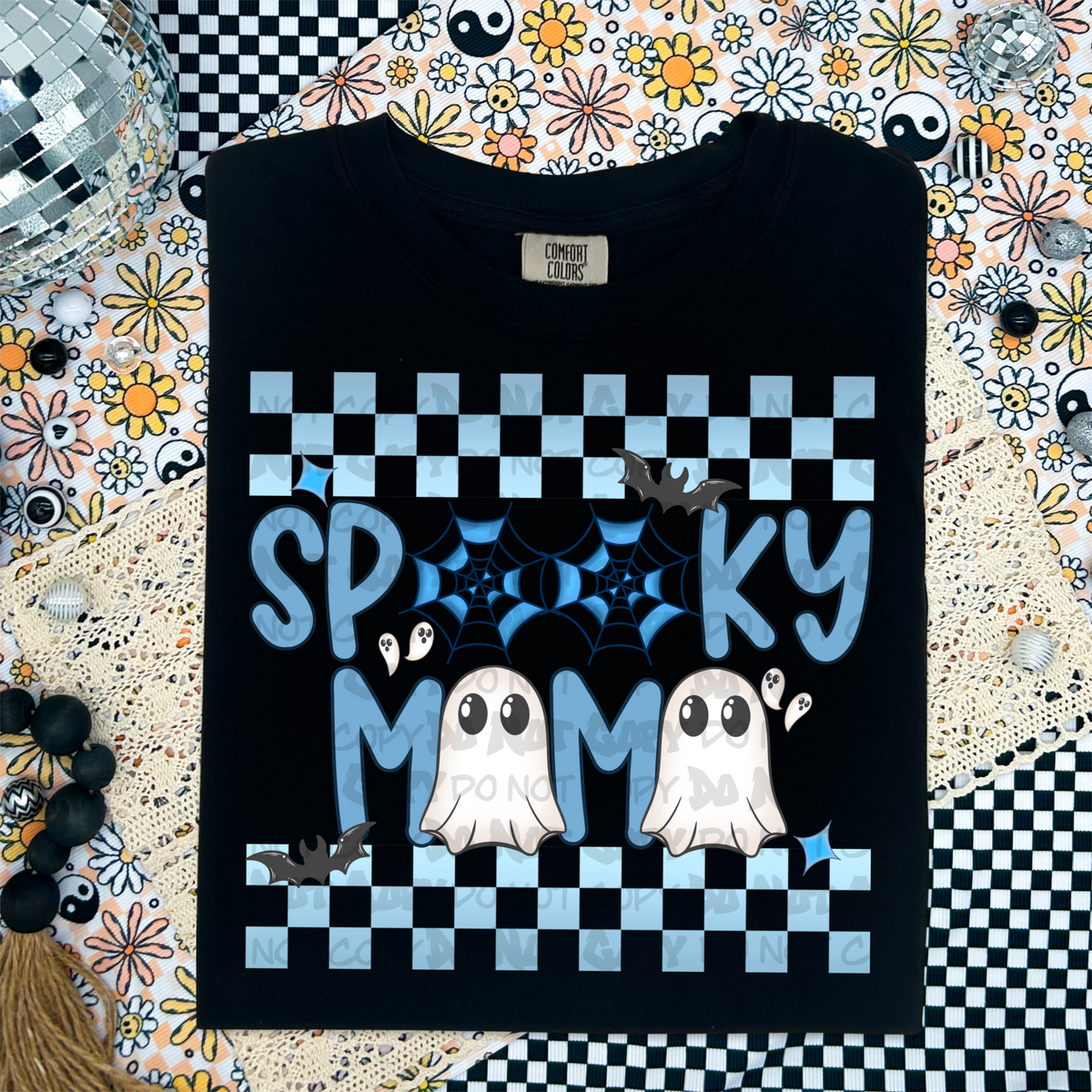 Spooky mama blue font and checkered with ghost (LANE) 45131 DTF transfer