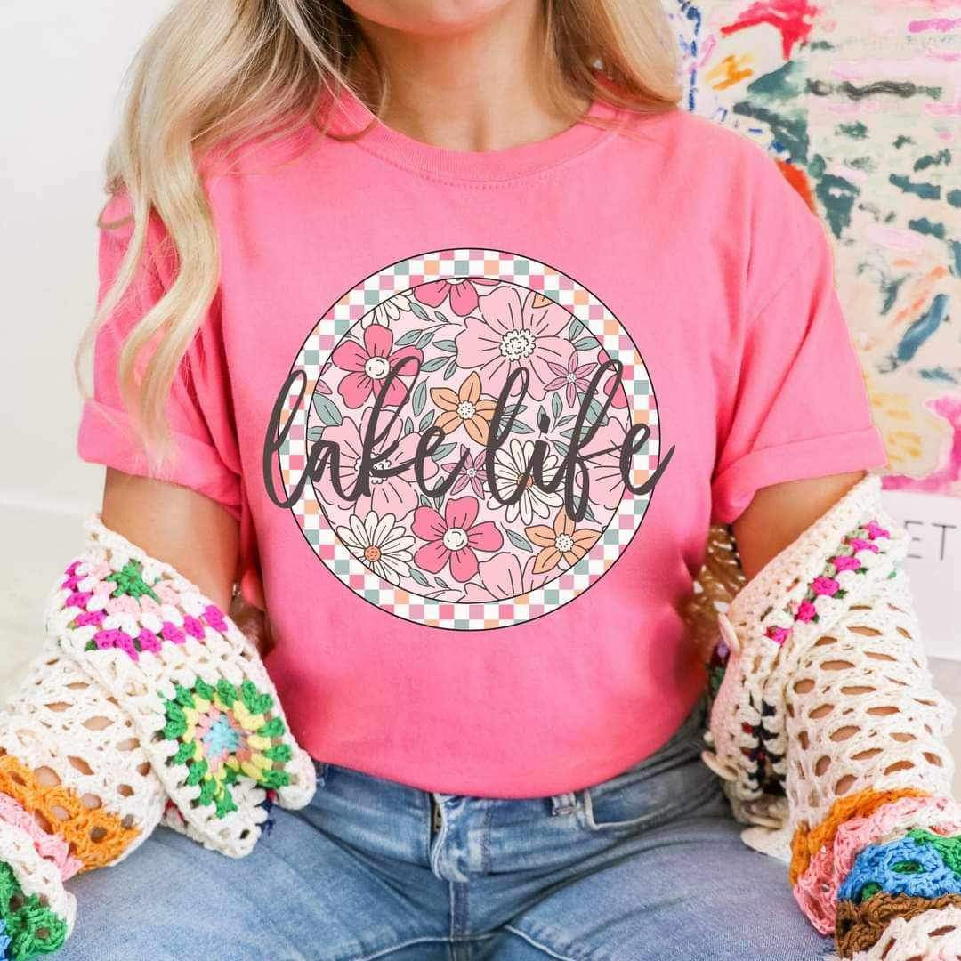 Lake life pink floral circle 25414 DTF transfer