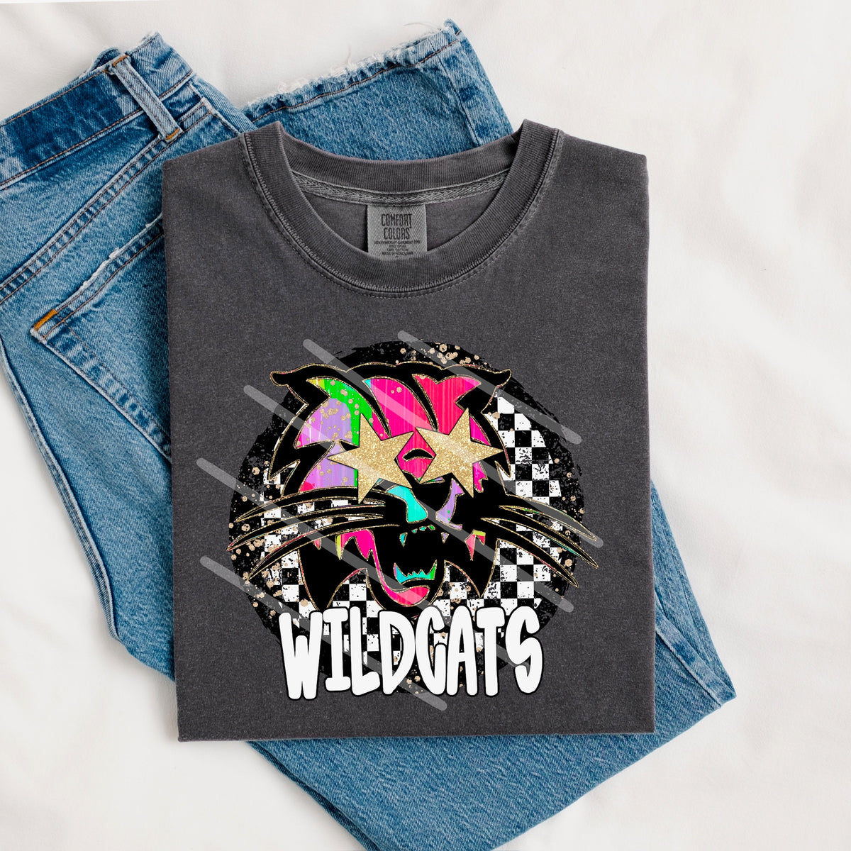 Wildcats Mascot rainbow checker circle (county line) 111007 DTF transfer