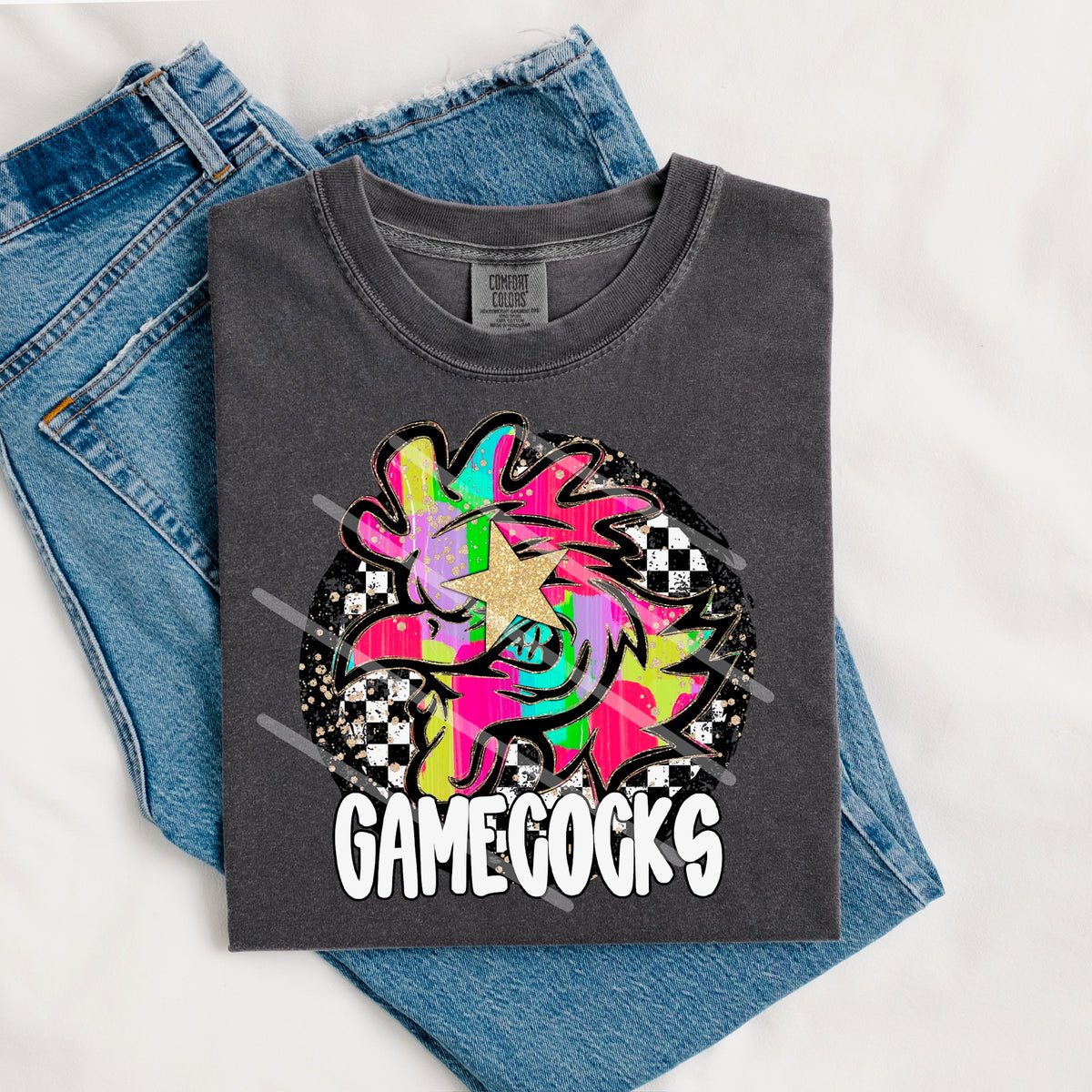 Game Cocks Mascot rainbow checker circle (county line) 111043 DTF transfer