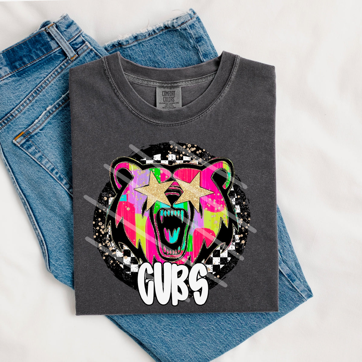 Cubs Mascot rainbow checker circle (county line) 111038 DTF transfer