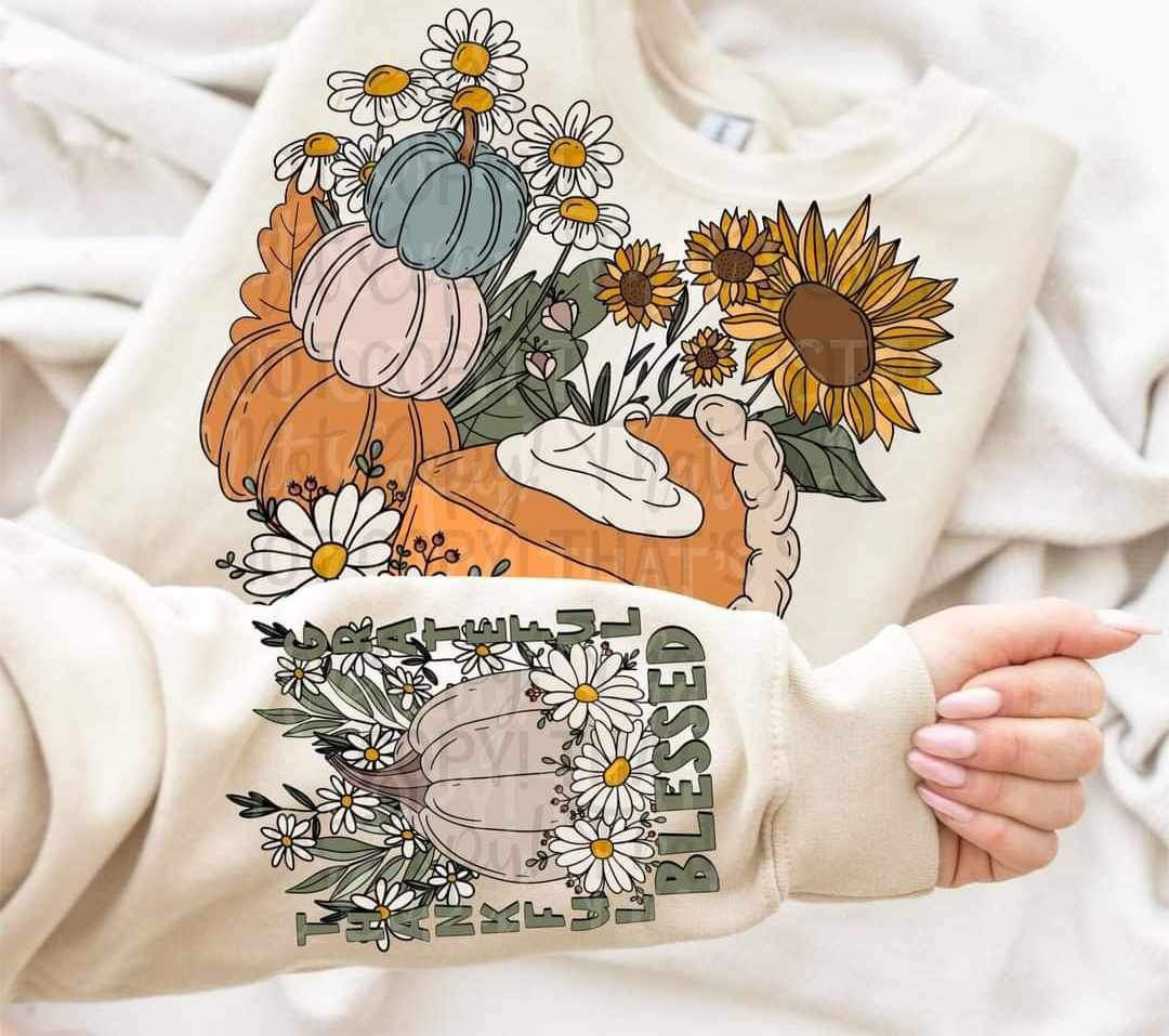 Pumpkin pie, stack of pumpkins, flowers FRONT ONLY 15405 DTF Transfer