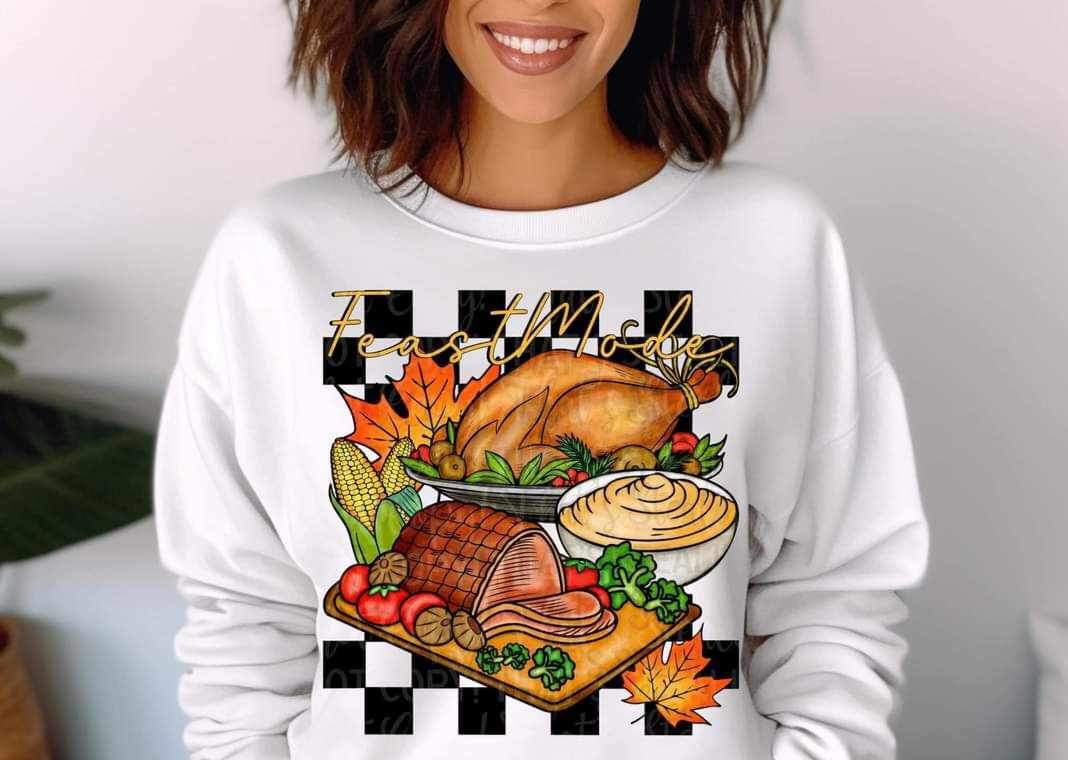 Feast mode (cursive yellow font with food and checkered print) 15401 DTF Transfer