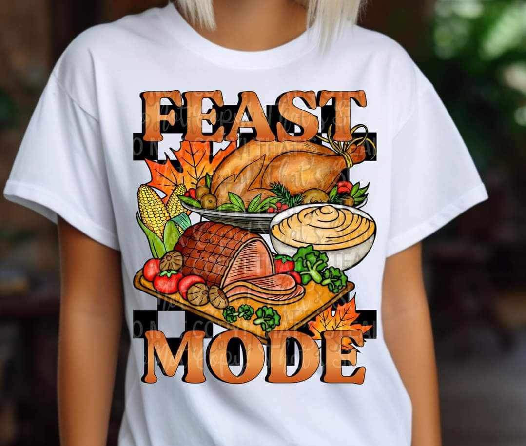 Feast mode (bold orange font with food and checkered print) 15400 DTF Transfer