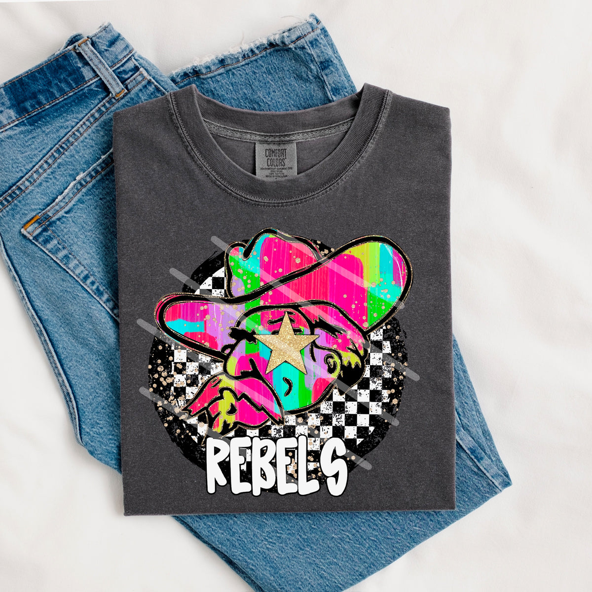 Rebels Mascot rainbow checker circle (county line) 111010 DTF transfer