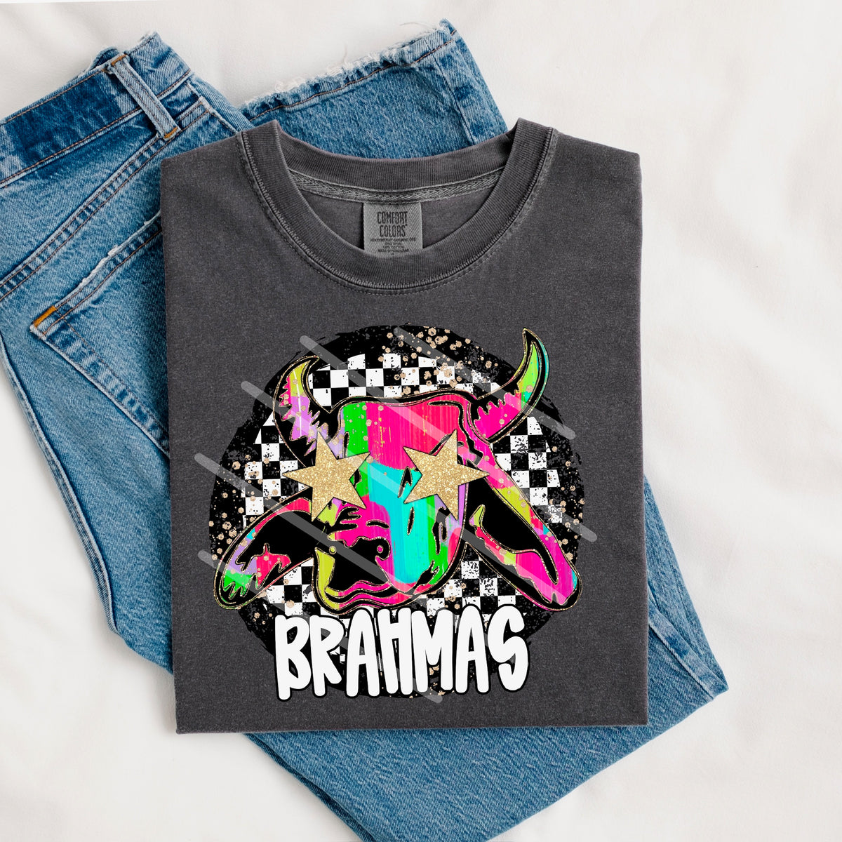 Brahmas Mascot rainbow checker circle (county line) 111053 DTF transfer