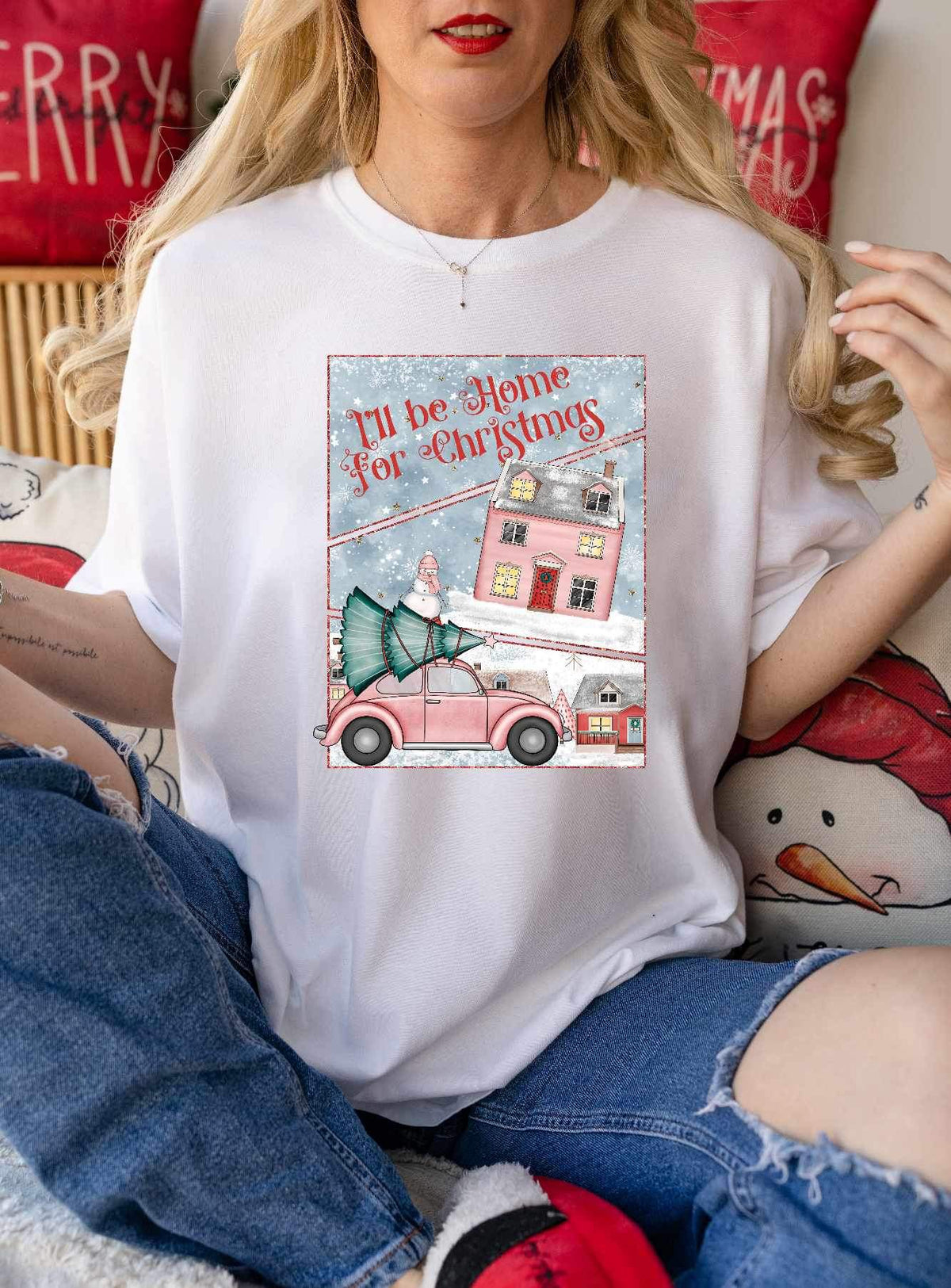 I’ll be home for Christmas (rectangle with pink house and pink car with tree on top) 15387 DTF Transfer