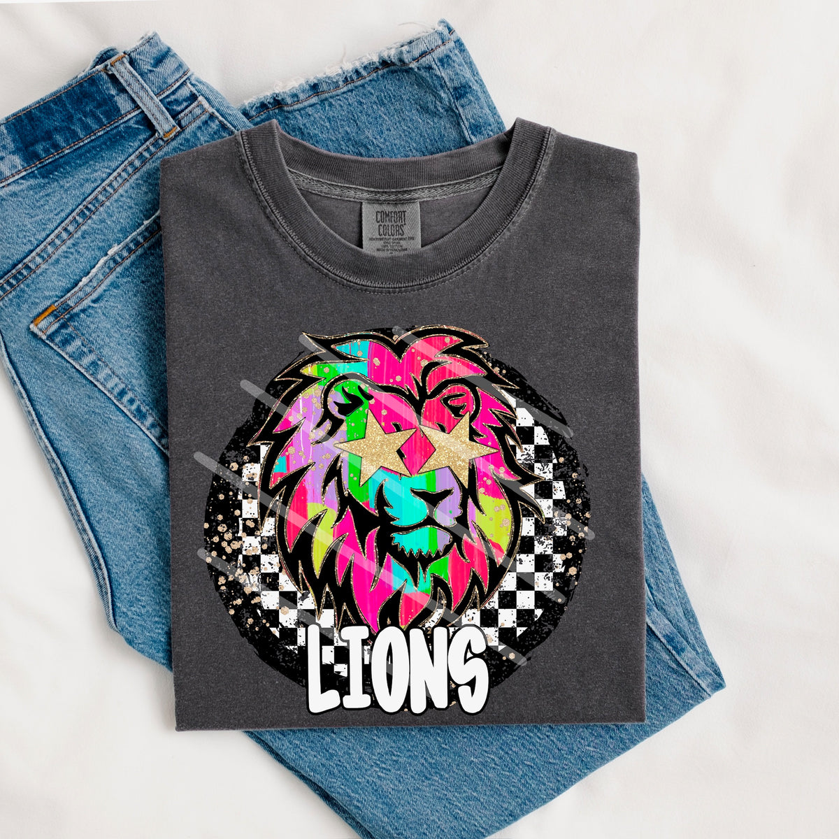 Lions Mascot rainbow checker circle (county line) 111048 DTF transfer