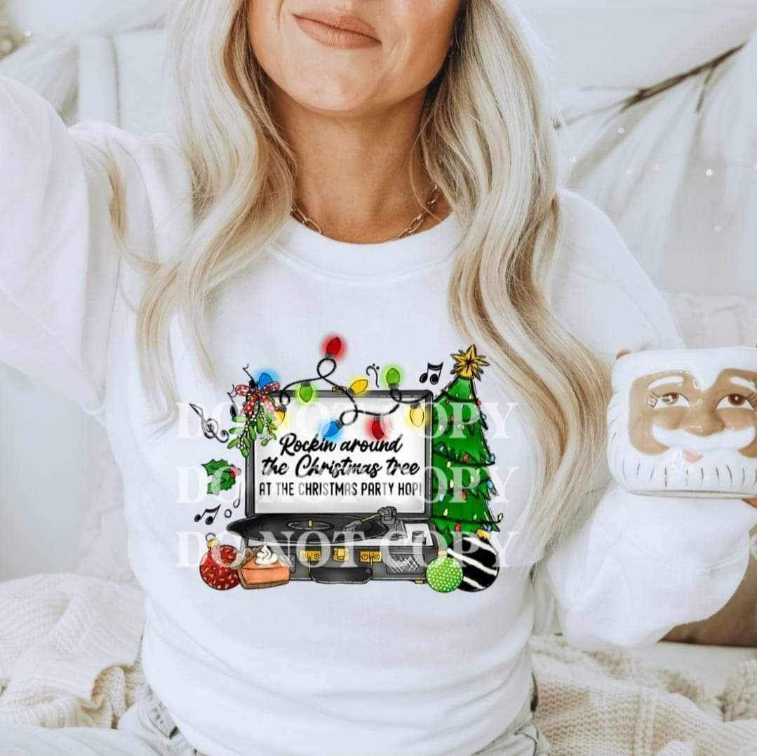 Rockin around the Christmas tree (black record player with Christmas tree items and pie) 15385 DTF Transfer