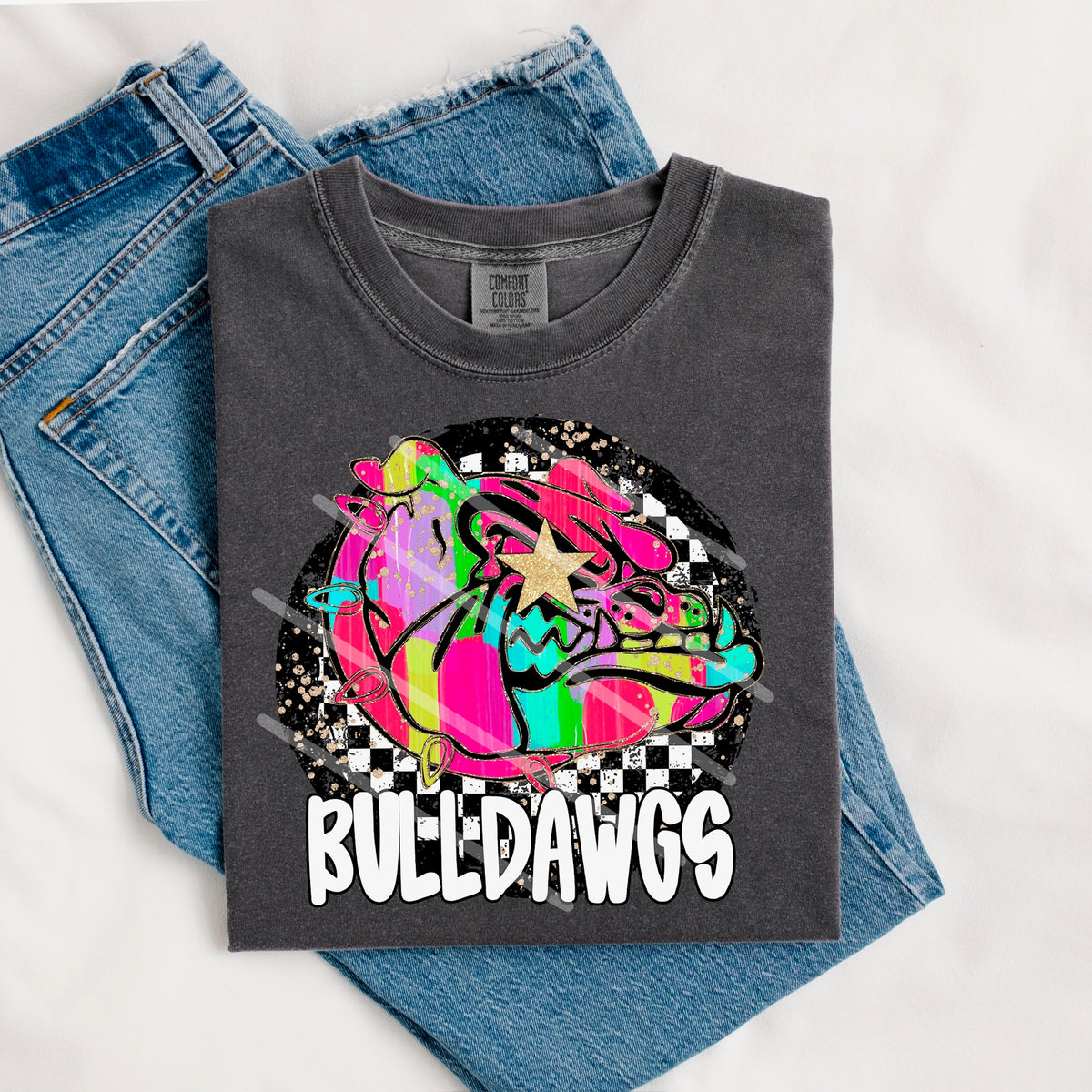 Bulldawgs Mascot rainbow checker circle (county line) 111015 DTF transfer