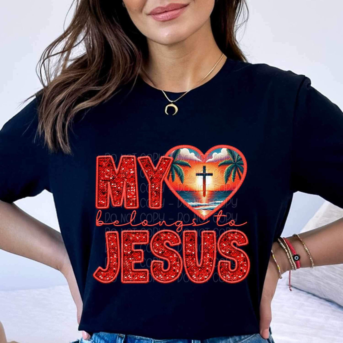 My heart belongs to jesus heart with tropical sunset 25444 DTF transfer