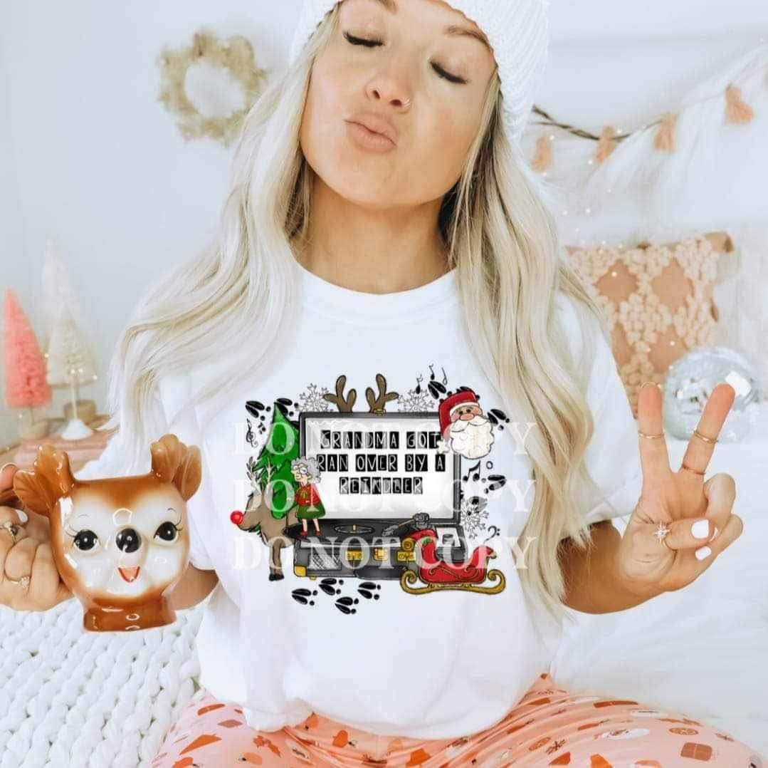 Grandma got ran over by a reindeer (black record player with reindeer, antlers, santa, sleigh, tree) 15382 DTF Transfer