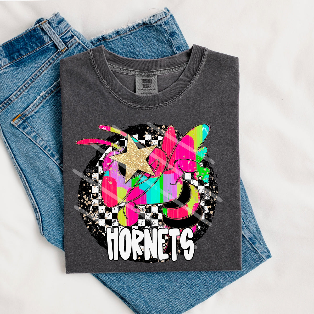 Hornets Mascot rainbow checker circle (county line) 111023 DTF transfer