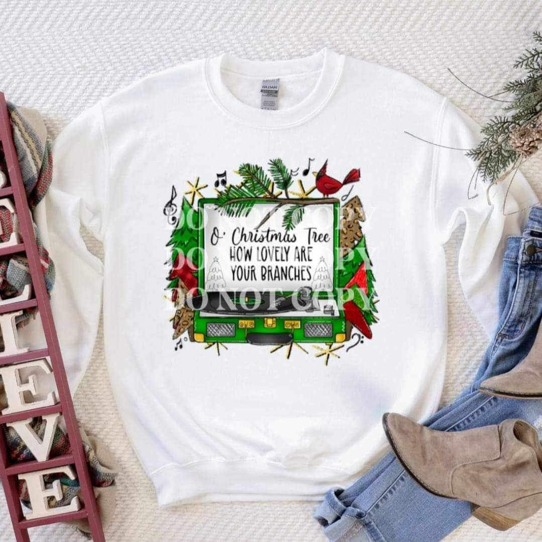 O Christmas tree how lovely are your branches (green record player with trees and bird) 15381 DTF Transfer