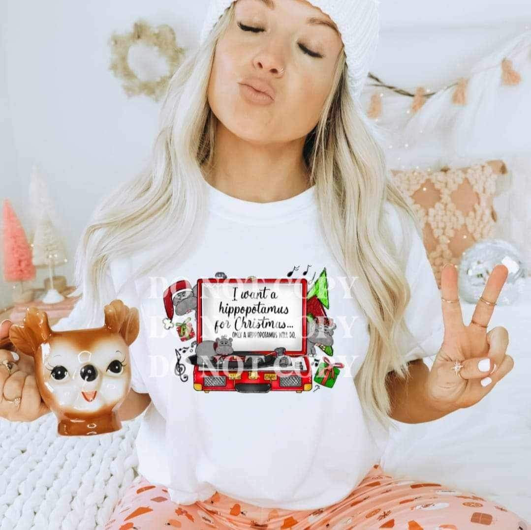 I want a hippopotamus for Christmas (red record player with hippos and Christmas items) 15379 DTF Transfer