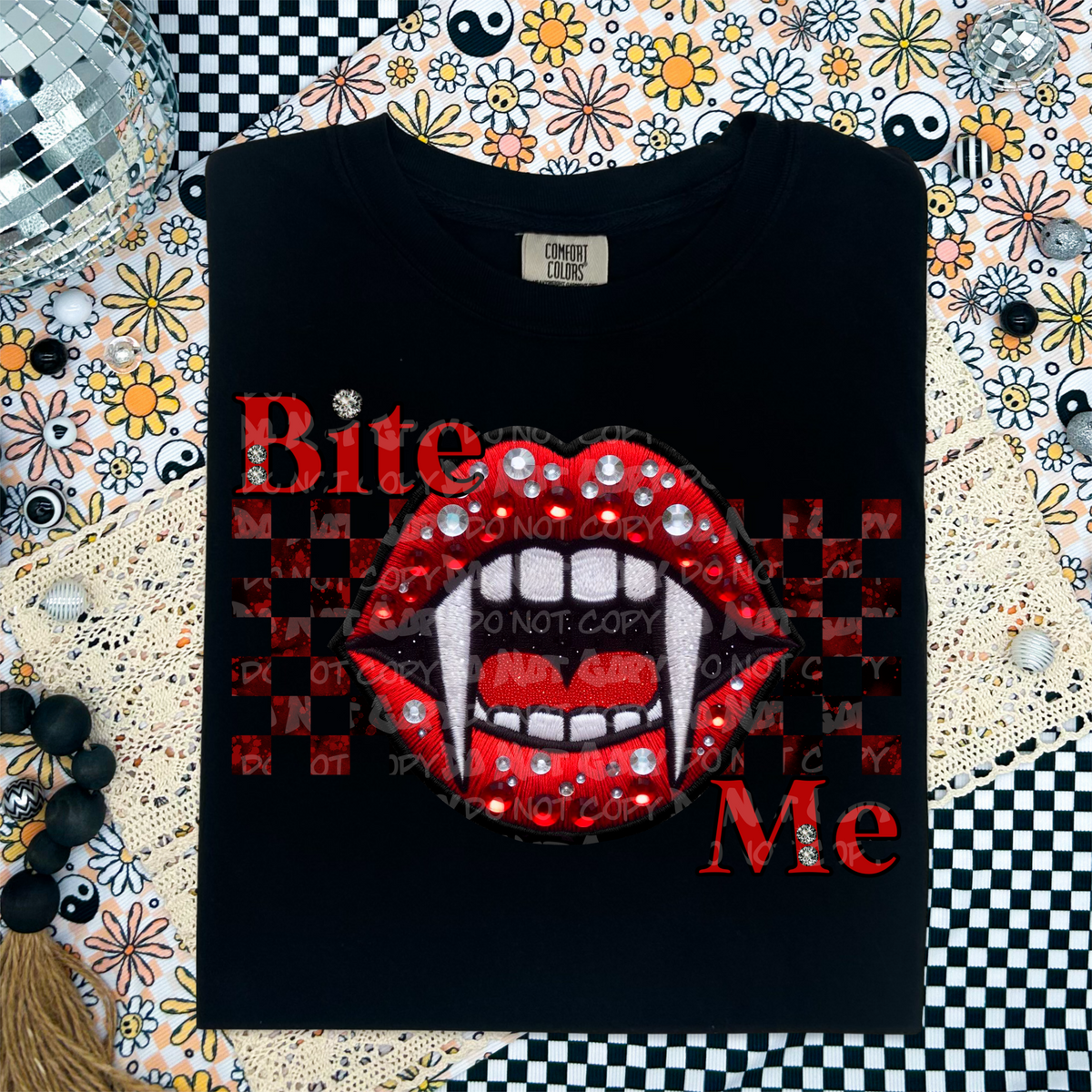Bite me red checkered and vampire lips (LANE) 45129 DTF transfer