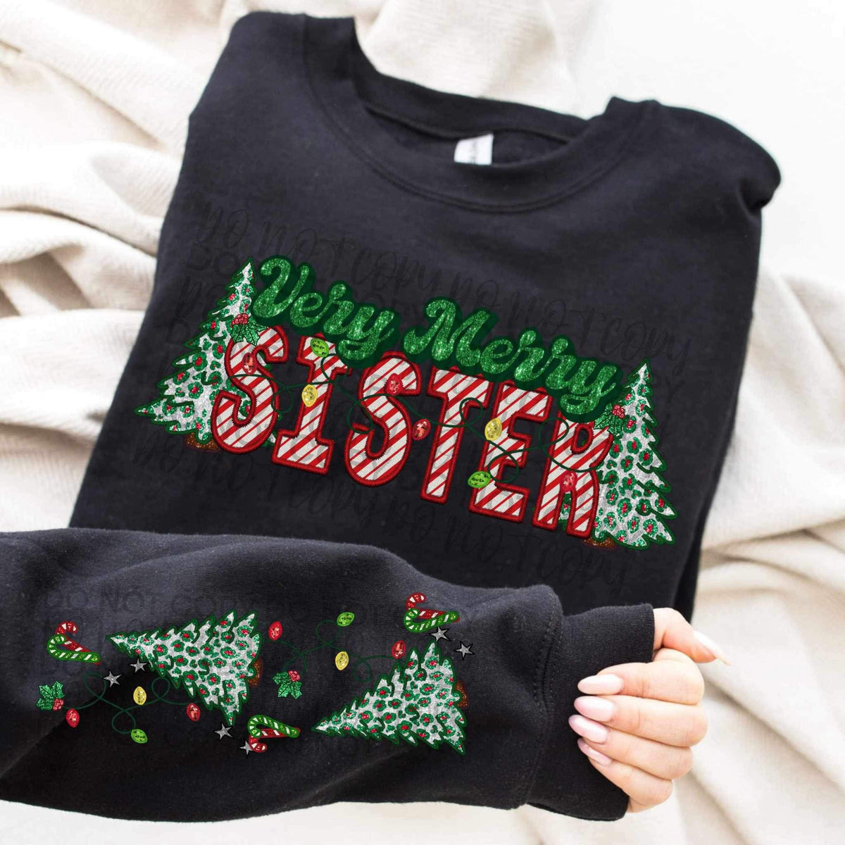 Very merry sister (embroidered green and candy cane font with leopard trees) FRONT ONLY 15428 DTF Transfer