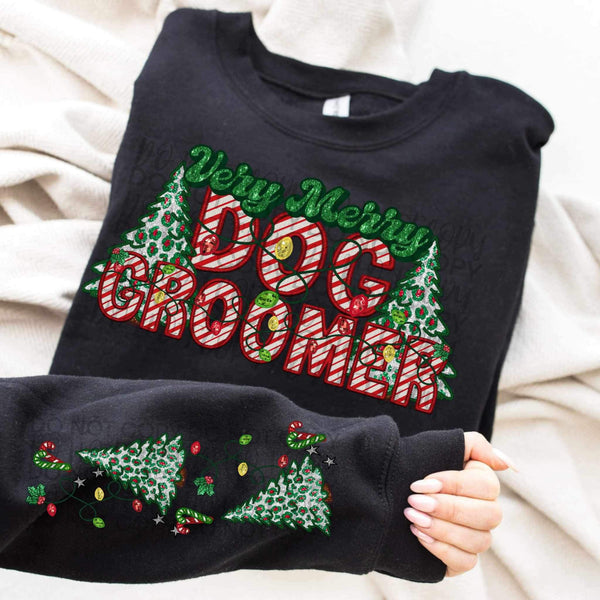 Very merry dog groomer (embroidered green and candy cane font with leopard trees) FRONT ONLY 15426 DTF Transfer
