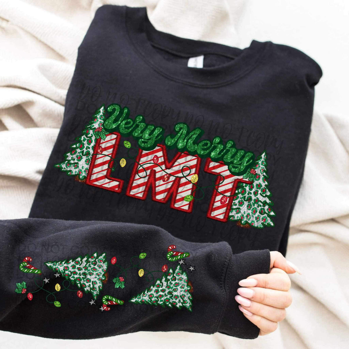 Very merry LMT (embroidered green and candy cane font with leopard trees) FRONT ONLY 15424 DTF Transfer
