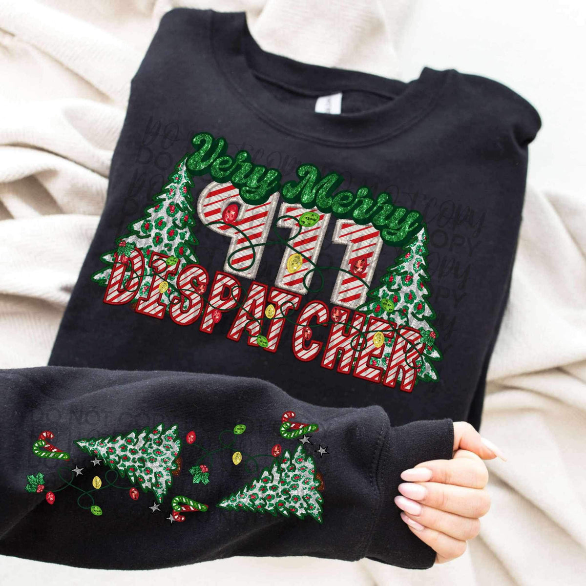 Very merry 911 dispatcher (embroidered green and candy cane font with leopard trees) FRONT ONLY 15499 DTF Transfer