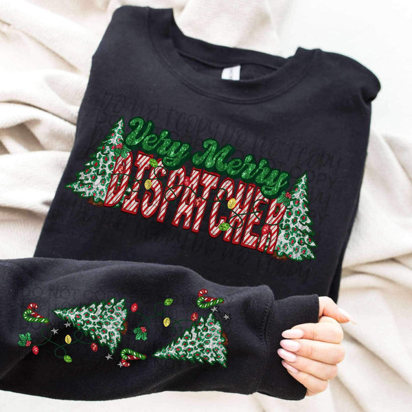 Very merry dispatcher (embroidered green and candy cane font with leopard trees) FRONT ONLY 15498 DTF Transfer