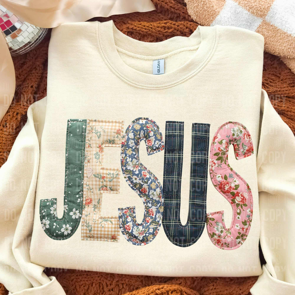 Jesus Faux Fabric colorful florals (SBB) DTF Transfer