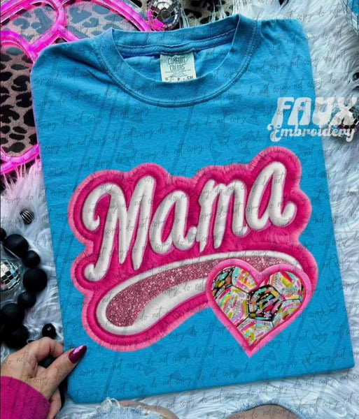 Mama embroidered with tie dye soccer heart 25472 DTF transfer