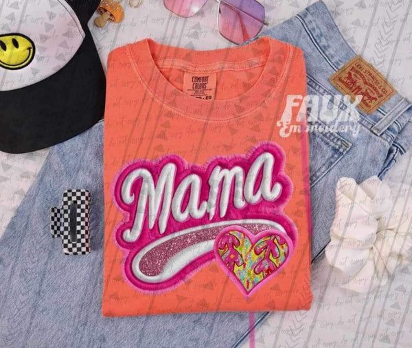 Mama embroidered with tie dye softball heart 25471 DTF transfer